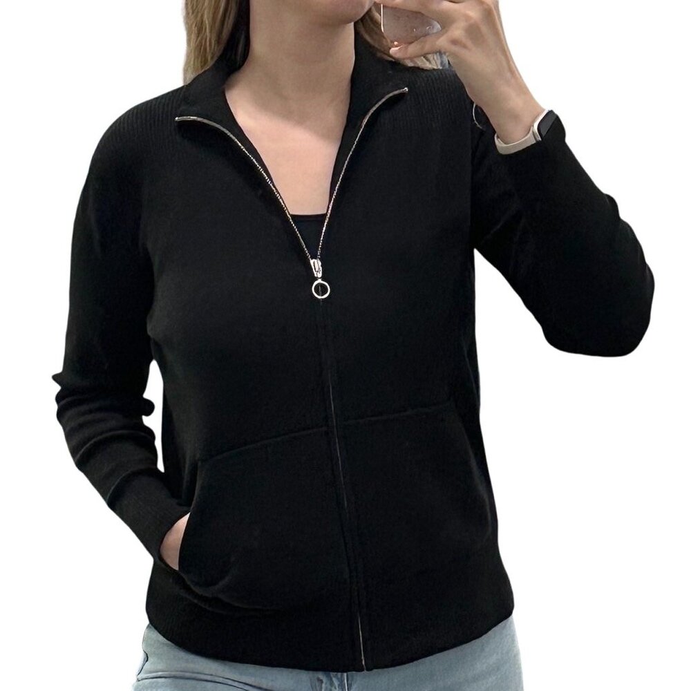 Belford Full Zip Up Mock Neck Knit Relaxed Fit Long Sleeve Sweater in Black Sz S